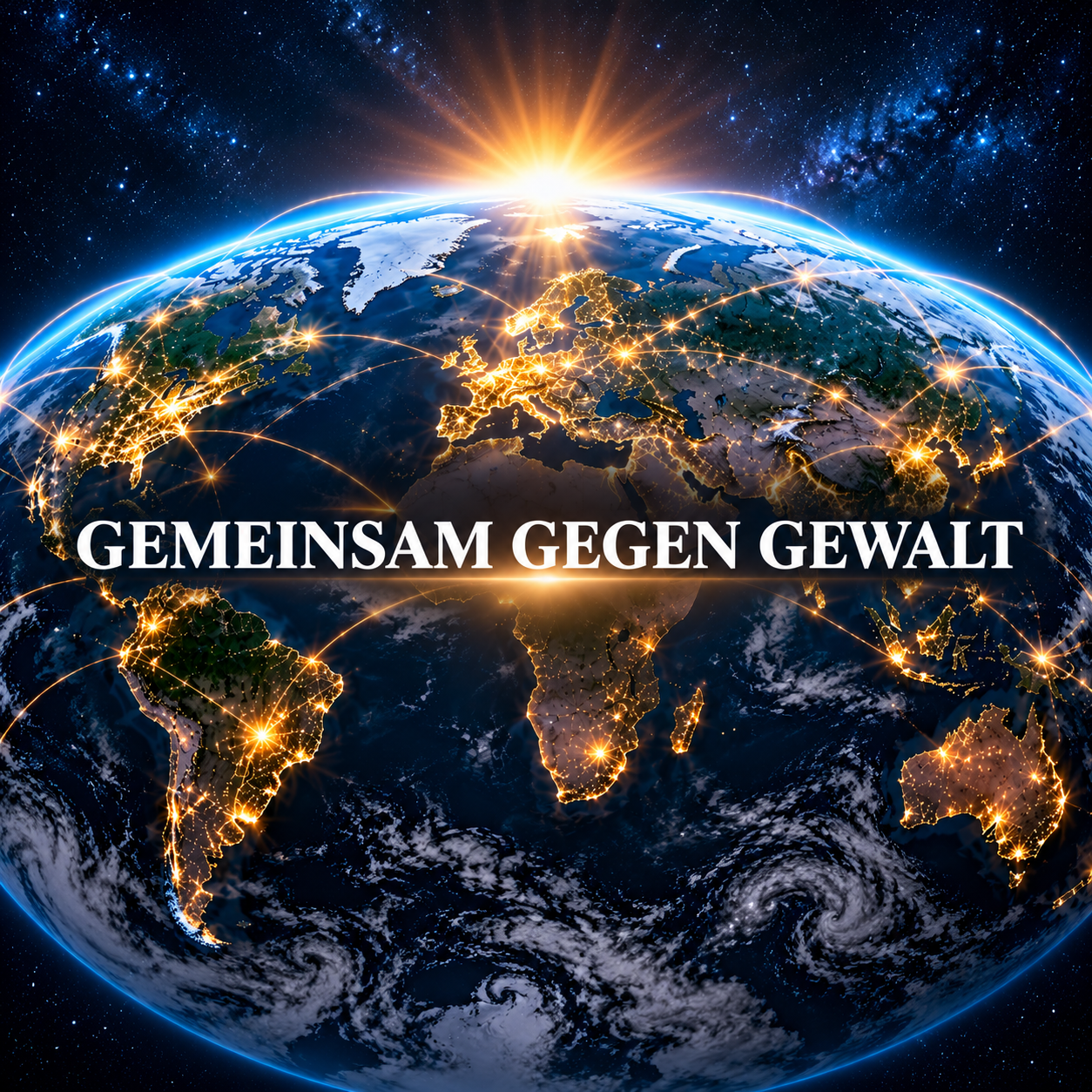 Gemeinsam gegen Gewalt – global connected world at sunrise